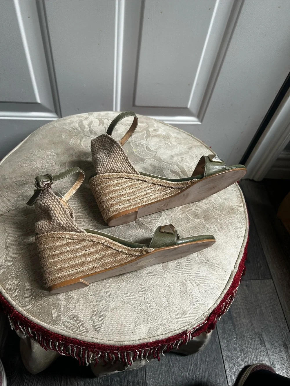 Venise Collection Olive Green Espadrille Wedge Sandals with Ankle Strap Sz 38